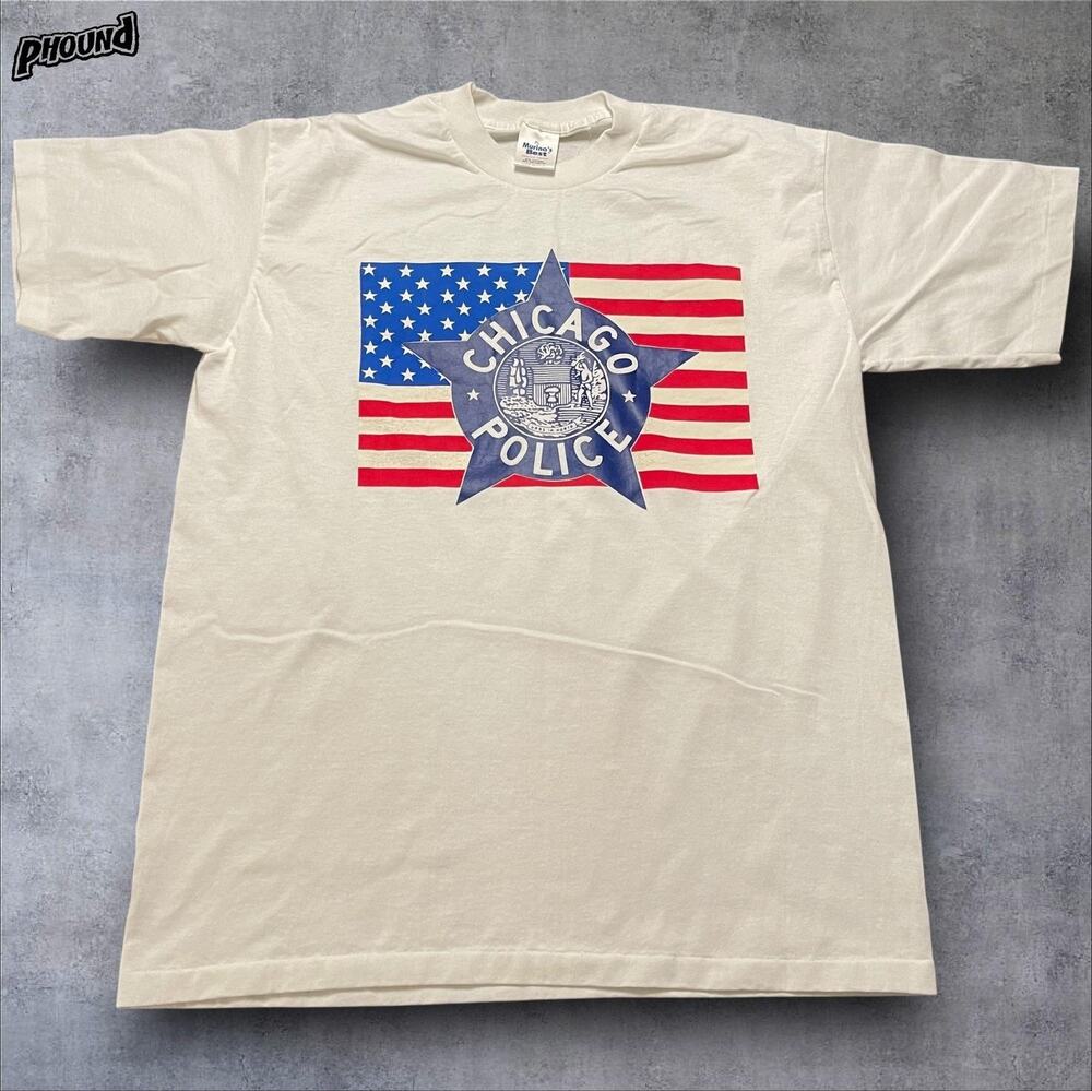 Vintage Chicago Police Shirt Mens XL White American Flag Graphic Made USA